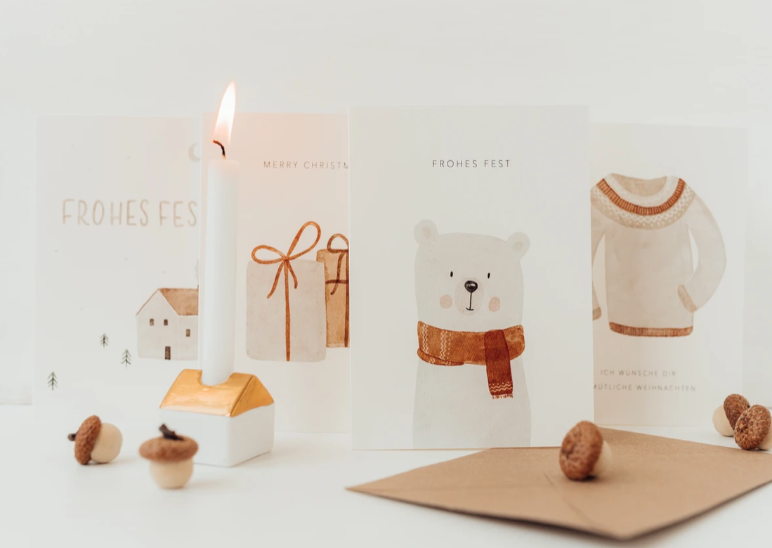 Vierer-Set Weihnachtskarten Eisbär Geschenk hej hanni