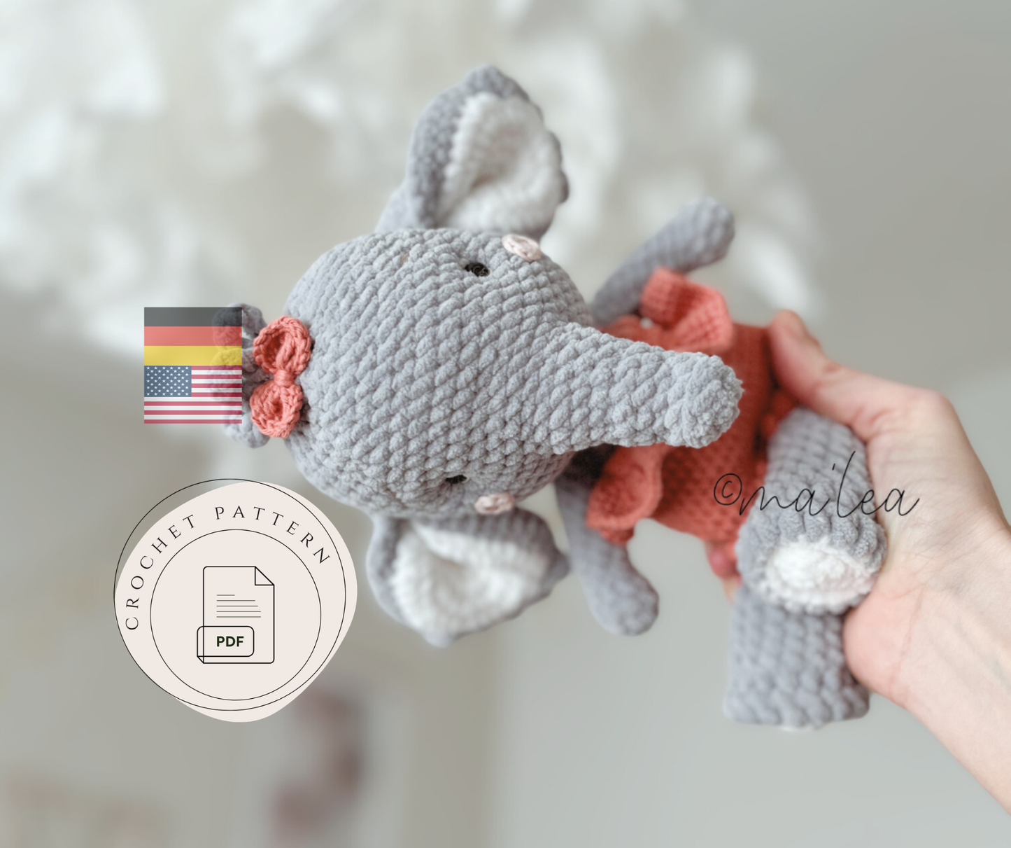 Amigurumi Elefant Häkelanleitung Ayala (Digital Download in Deutsch & Englisch)